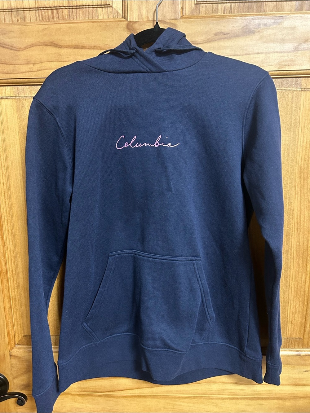 Columbia Navy Hoodie with Pink Script Logo